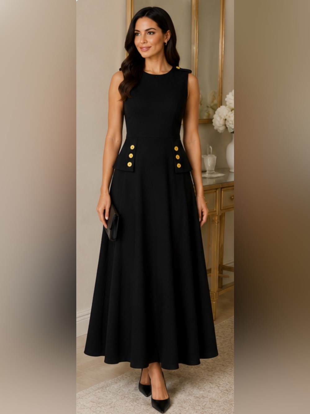 Impressions Black Maxi Dress with Gold-Tone Accents